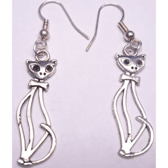 Hollow Sophisticat Tall Cat Earrings Ear Rings Silvertone Kitty Kitten Sitting - Picture 1 of 4
